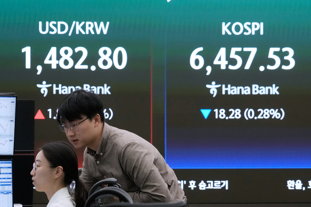 Currency traders work near a screen showing the Korea Composite Stock Price Index (KOSPI), right, and the foreign exchange rate between U.S. dollar and South Korean won at the foreign exchange dealing room of the Hana Bank headquarters in Seoul, South Korea, Friday, April 24, 2026. (AP Photo/Ahn Young-joon)