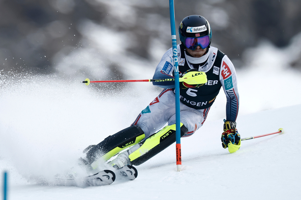 Norway's Atle Lie McGrath competes in an alpine ski, men's World Cup slalom, in Wengen, Switzerland, Sunday, Jan. 18, 2026. (AP Photo/Gabriele Facciott)