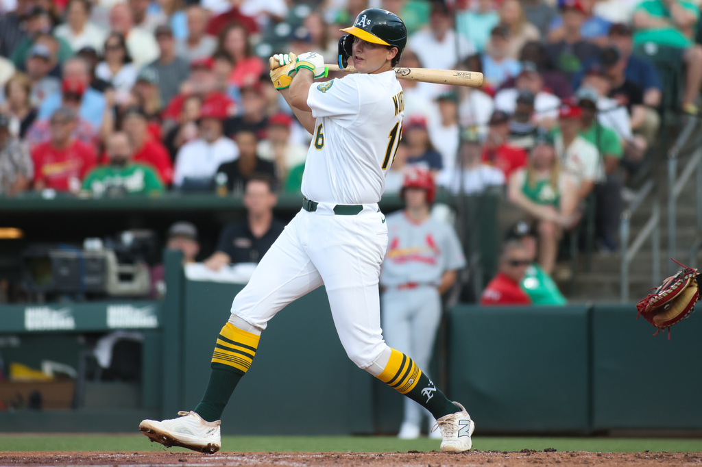 Athletics' Nick Kurtz hits an RBI single during the second inning of a baseball game against the St. Louis Cardinals Tuesday, May 12, 2026, in West Sacramento, Calif. (AP Photo/Scott Marshall)