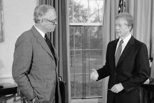 FILE - President Jimmy Carter, right, meets with Attorney General Benjamin Civiletti at the White House in Washington, Dec. 13, 1979. (AP Photo/Ira Schwarz, File) FILE - President Jimmy Carter, right, meets with Attorney General Benjamin Civiletti at the White House in Washington, Dec. 13, 1979. (AP Photo/Ira Schwarz, File)