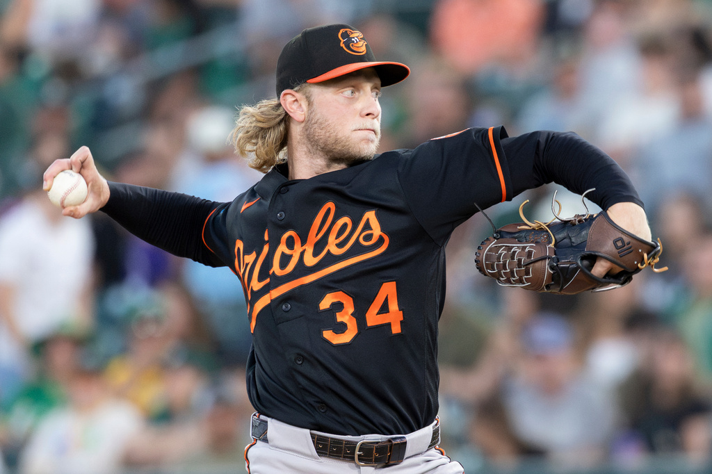 Baltimore Orioles pitcher Shane Baz throws to the Athletics during the second inning of a baseball game Saturday, Aug. 29, 2026, in West Sacramento, Calif. (AP Photo/Sara Nevis)