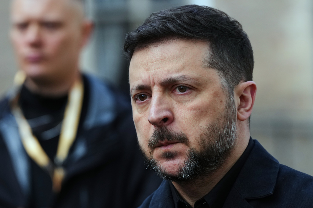 Ukraine's President Volodymyr Zelenskyy arrives for the International Four Freedoms Award ceremony in Middelburg, Netherlands, Thursday, April 16, 2026. (AP Photo/Peter Dejong)