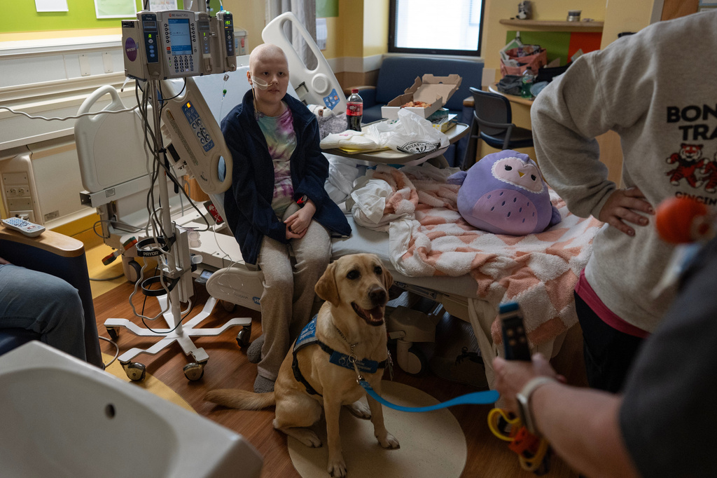 Cincinnati Children's Hospital facility dog Hadley sits at the feet of 11-year-old Bethany Striggles, who recently finished a chemotherapy treatment for bone cancer, in her room at Cincinnati Children's Hospital in Cincinnati, Monday, May 4, 2026. (AP Photo/Carolyn Kaster)