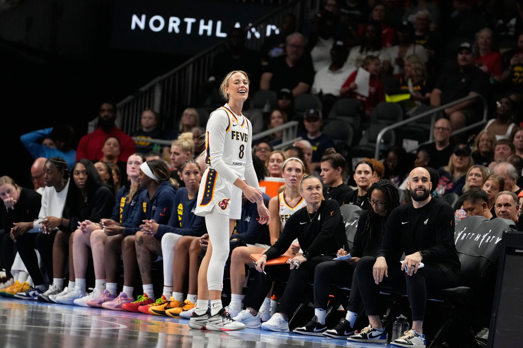 Indiana Fever guard Sophie Cunningham (8) reacts to a foul in the first half of an WNBA basketball game against the Atlanta Dream Sunday, Aug. 16, 2026, in Atlanta. (AP Photo/Brynn Anderson)
