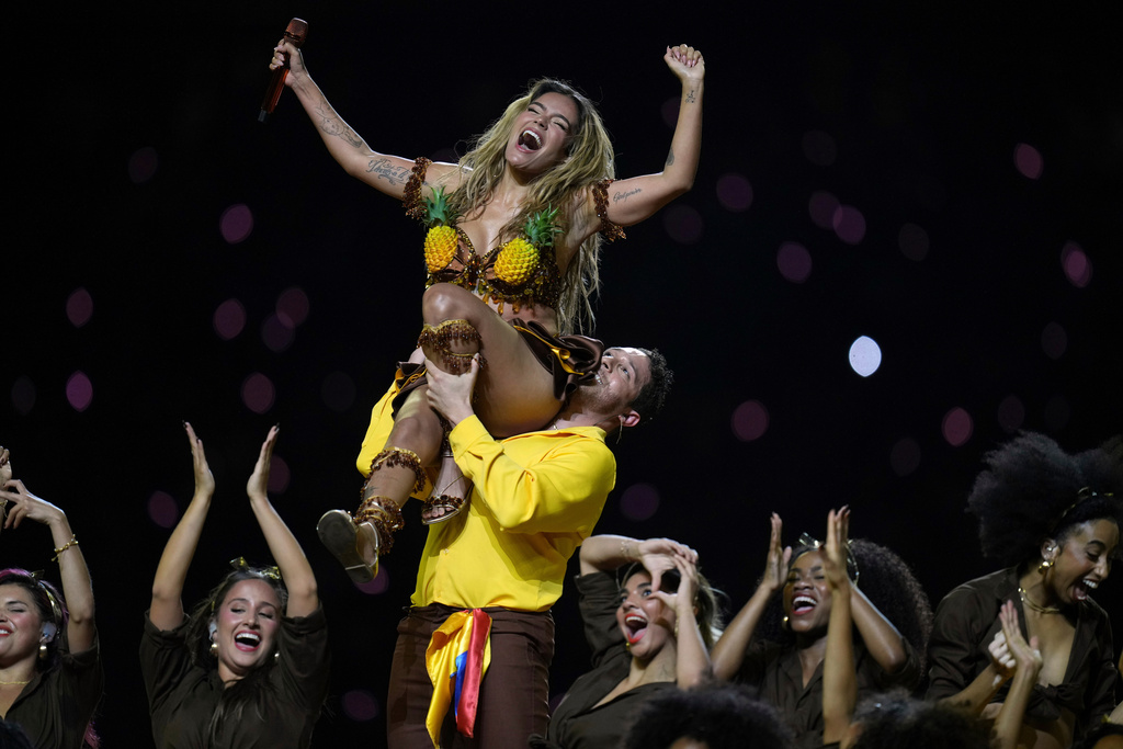 Karol G performs during halftime at an NFL football game between the Kansas City Chiefs and the Los Angeles Chargers, in Sao Paulo, Sept. 5, 2025. (AP Photo/Andre Penner, File)
