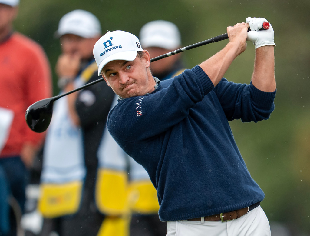Bud Cauley, of the UnitedStates, watches his tee shot on the second hole during the final round of the Canadian Open golf tournament in Caledon, Ontario, Sunday, June 14, 2026. (Frank Gunn/The Canadian Press via AP)