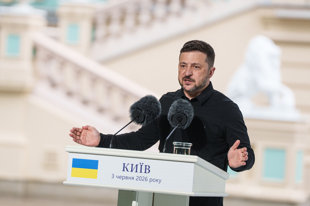 Ukraine's President Volodymyr Zelenskyy speaks to journalists during a joint press conference with NATO Secretary General Mark Rutte in Kyiv, Ukraine, on Wednesday, June 3, 2026. (AP Photo/Evgeniy Maloletka)