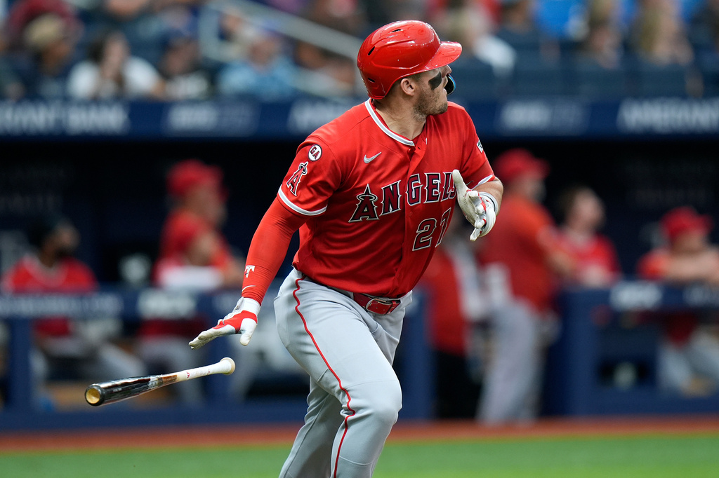 Los Angeles Angels' Mike Trout (27) watches his home run off Tampa Bay Rays pitcher Casey Legumina during the fifth inning of a baseball game Saturday, May 30, 2026, in St. Petersburg, Fla. (AP Photo/Chris O'Meara)