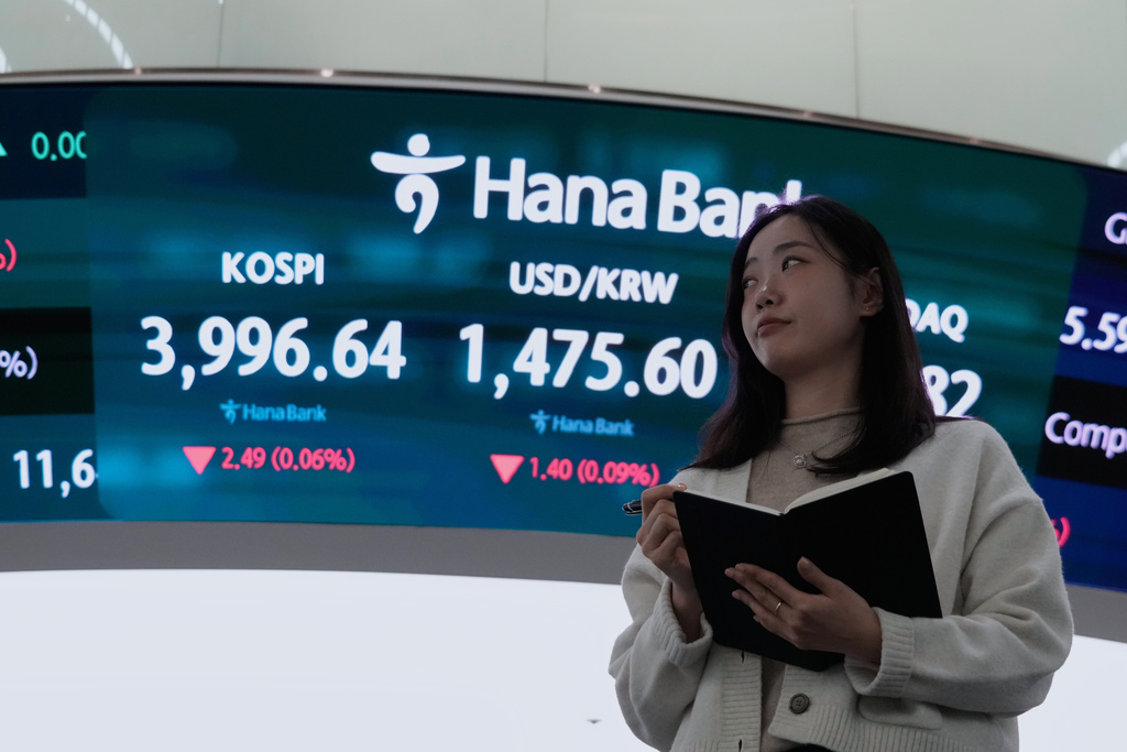 A currency trader stands near a screen showing the Korea Composite Stock Price Index (KOSPI), top left, and the foreign exchange rate between U.S. dollar and South Korean won at the foreign exchange dealing room of the Hana Bank headquarters, in Seoul, South Korea, Wednesday, Dec. 17, 2025. (AP Photo/Ahn Young-joon)