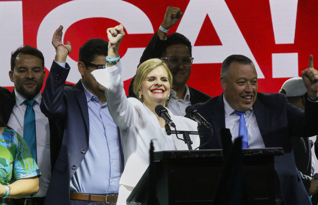 Presidential candidate Laura Fernández addresses supporters after polls closed in San Jose, Costa Rica, Sunday, Feb. 1, 2026. (AP Photo/Carlos Borbon)
