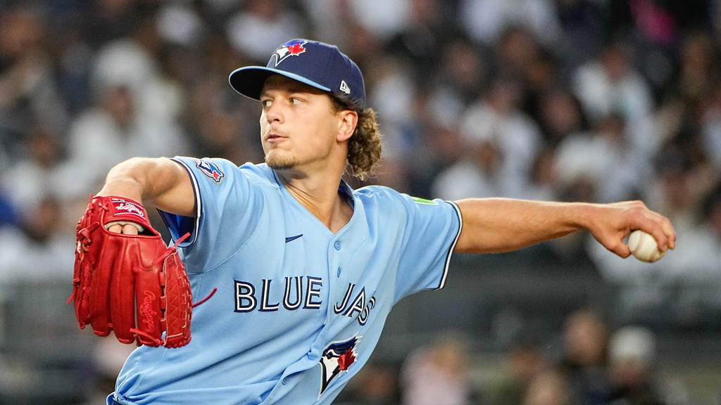 Toronto Blue Jays pitcher Adam Macko (64), throws during the second inning of a baseball game against the New York Yankees, Thursday, May 21, 2026. in New York. (AP Photo/Eduardo Munoz Alvarez)