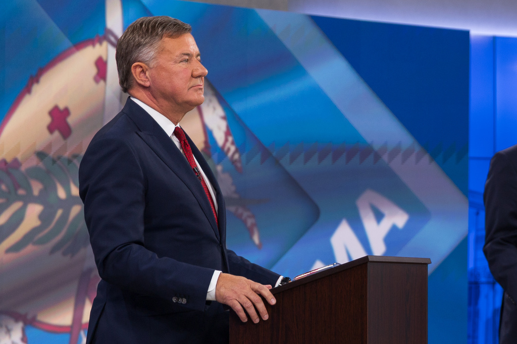 Oklahoma Republican gubernatorial candidate Gentner Drummond prepares to deliver his closing remarks at a televised debate in Tulsa, Okla., Aug. 3, 2026. (Jake Ramsey/Oklahoma Watch via AP)