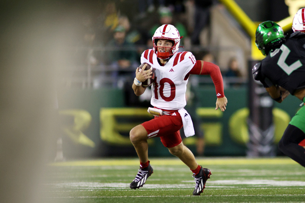 Nebraska quarterback Anthony Colandrea (10) runs the ball during the first half of an NCAA college football game against Oregon, Saturday, Oct. 17, 2026, in Eugene, Ore. (AP Photo/Lydia Ely)