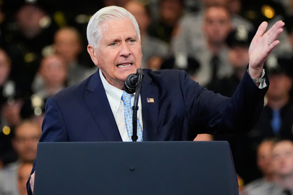 FILE - Bruce Blakeman, executive of Nassau County and Republican gubernatorial candidate for New York, speaks before President Donald Trump, Aug. 14, 2026, in Garden City, N.Y. (AP Photo/Yuki Iwamura, File)