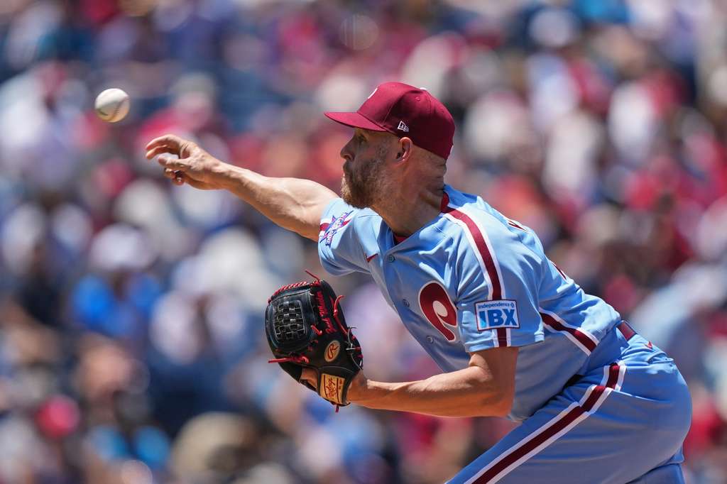 Philadelphia Phillies' Zack Wheeler pitches during the fourth inning of a baseball game against the San Diego Padres, Thursday, June 4, 2026, in Philadelphia. (AP Photo/Matt Rourke)