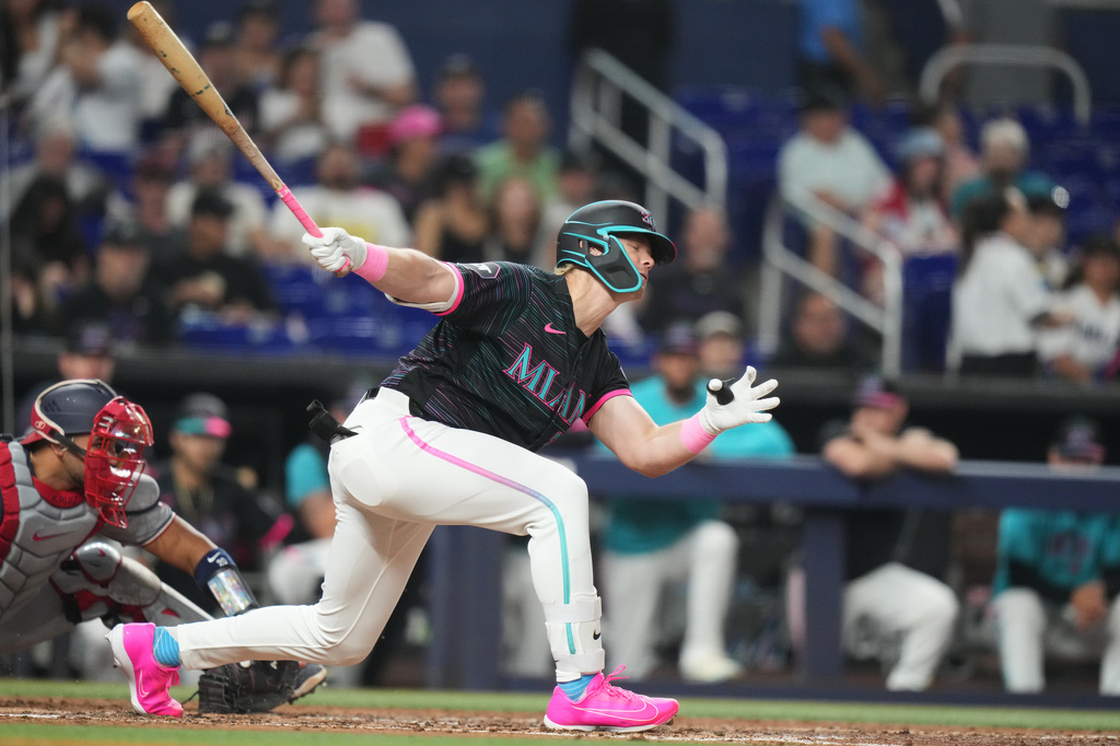 Miami Marlins' Kyle Stowers strikes out swinging during the third inning of a baseball game against the Washington Nationals, Friday, May 8, 2026, in Miami. (AP Photo/Lynne Sladky)