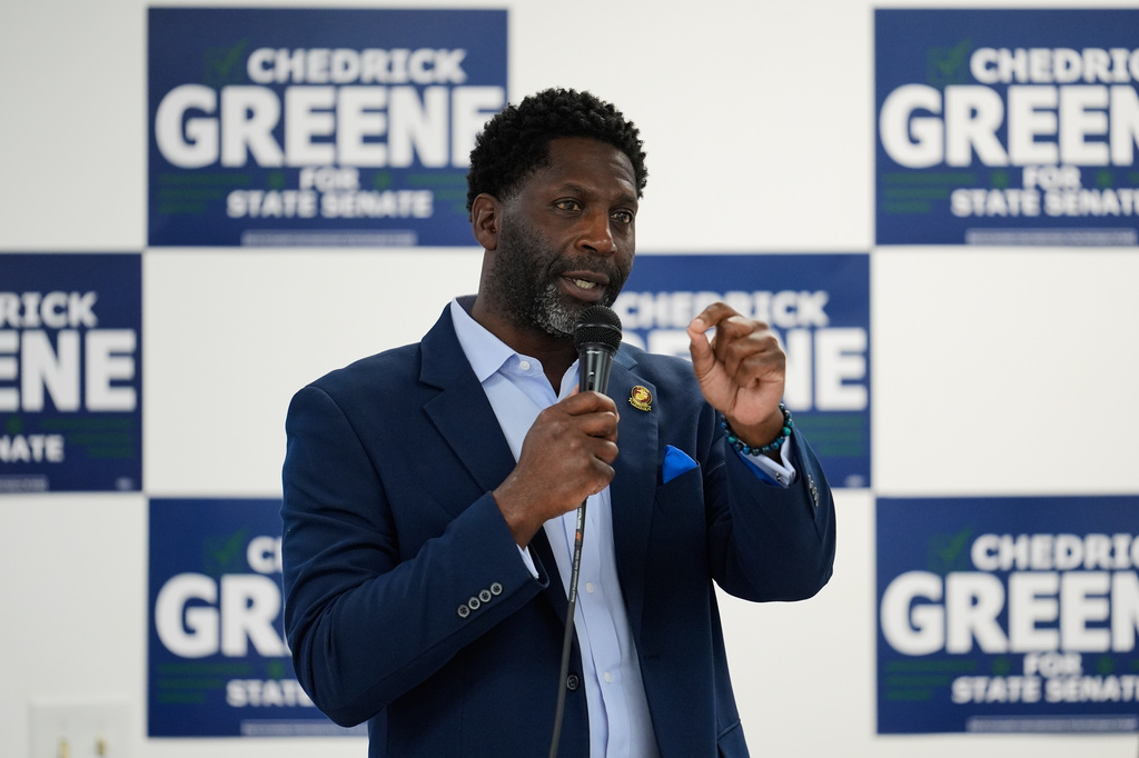 Chedrick Greene, Democratic candidate for the 35th Senate District, speaks at a rally Monday, April 27, 2026, in Saginaw, Mich. (AP Photo/Paul Sancya)