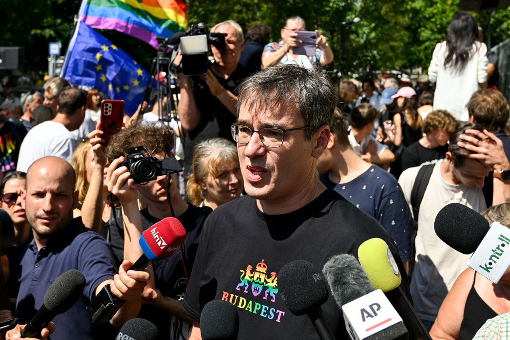 FILE - Budapest Mayor Gergely Karacsony speaks to the media in front of the National Investigation Bureau in Budapest, Hungary, Friday, Aug. 1, 2025. (Tamas Purger/MTI via AP, File)