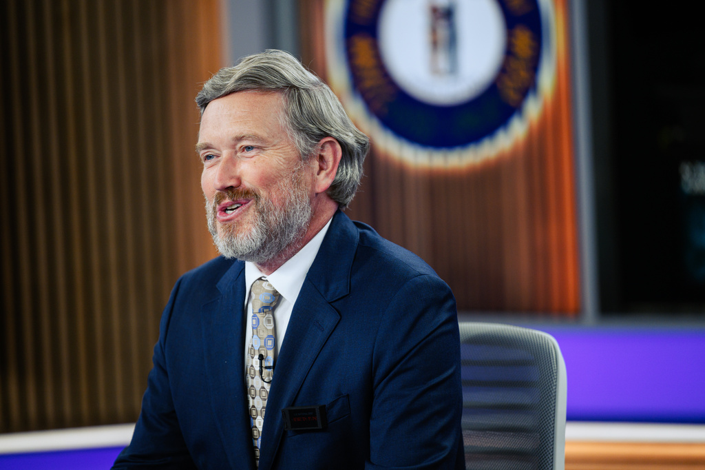 Rep. Thomas Massie, R-KY, sits at a table alone in the studio ahead of a Kentucky Educational Television (KET) debate, Monday, May 4, 2026, in Lexington, Ky. (AP Photo/Jon Cherry)