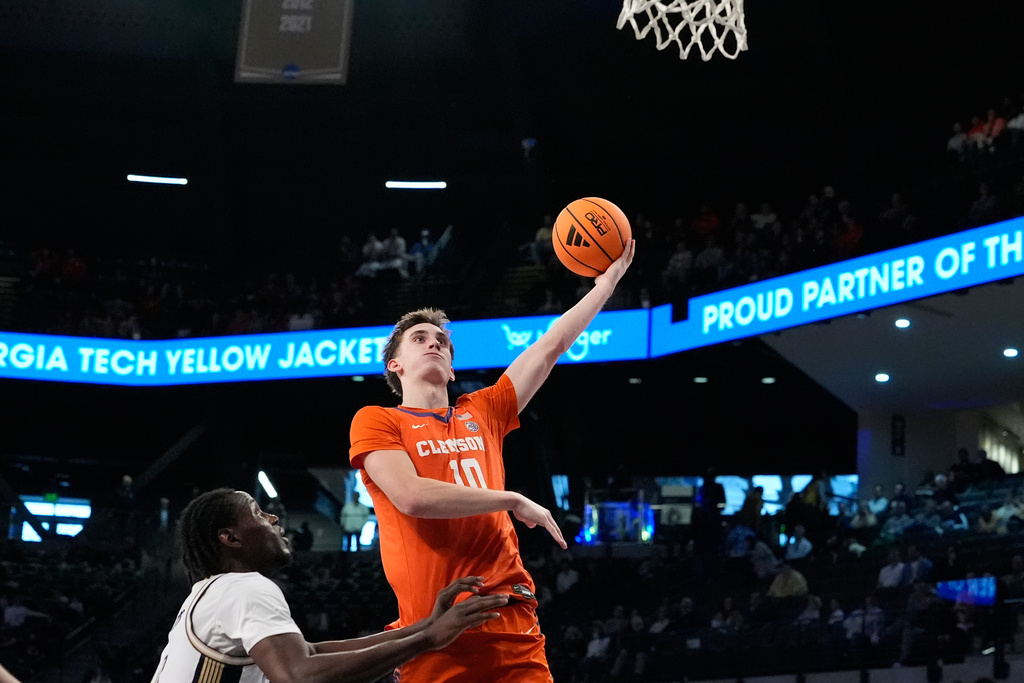 Clemson forward Jake Wahlin (10) shoots during the second half of an NCAA college basketball game against Georgia Tech, Saturday, Jan. 24, 2026, in Atlanta. (AP Photo/Brynn Anderson)