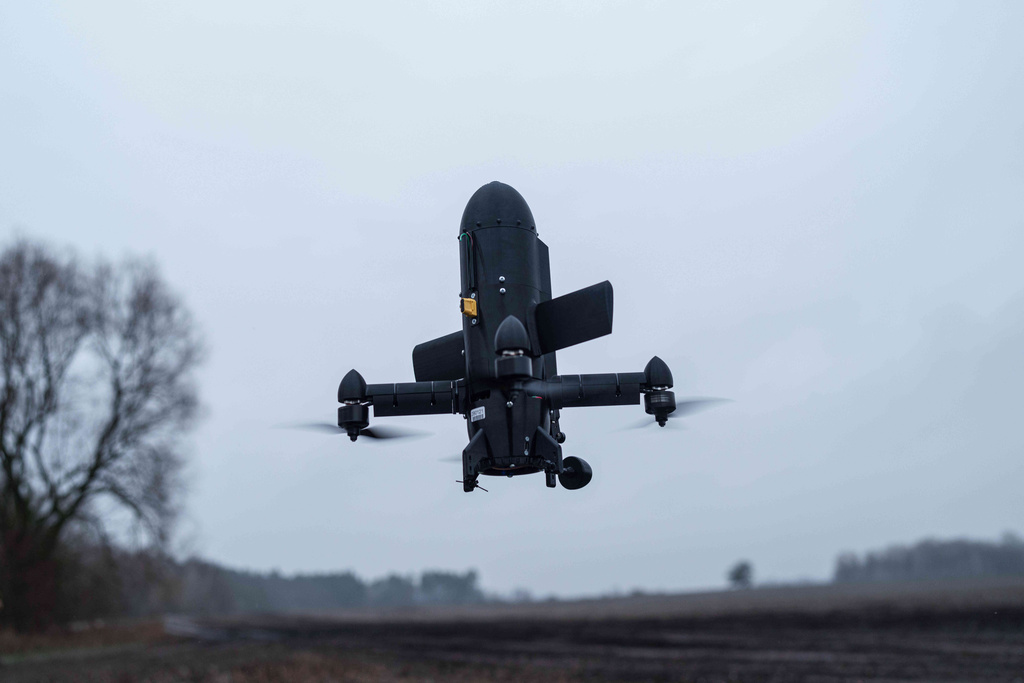 An interceptor drone of "General Cherry" company takes off at the polygon in Ukraine, on Dec. 4, 2025. (AP Photo/Evgeniy Maloletka)