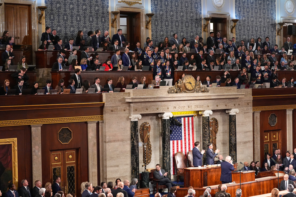 Members of the United States' Olympic hockey team attend President Donald Trump's State of the Union address to a joint session of Congress in the House chamber at the U.S. Capitol in Washington, Tuesday, Feb. 24, 2026. (AP Photo/Alex Brandon)