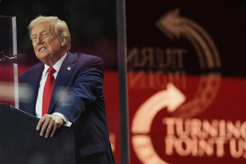 President Donald Trump speaks at a memorial for conservative activist Charlie Kirk, Sunday, Sept. 21, 2025, at State Farm Stadium in Glendale, Ariz. (AP Photo/Julia Demaree Nikhinson)