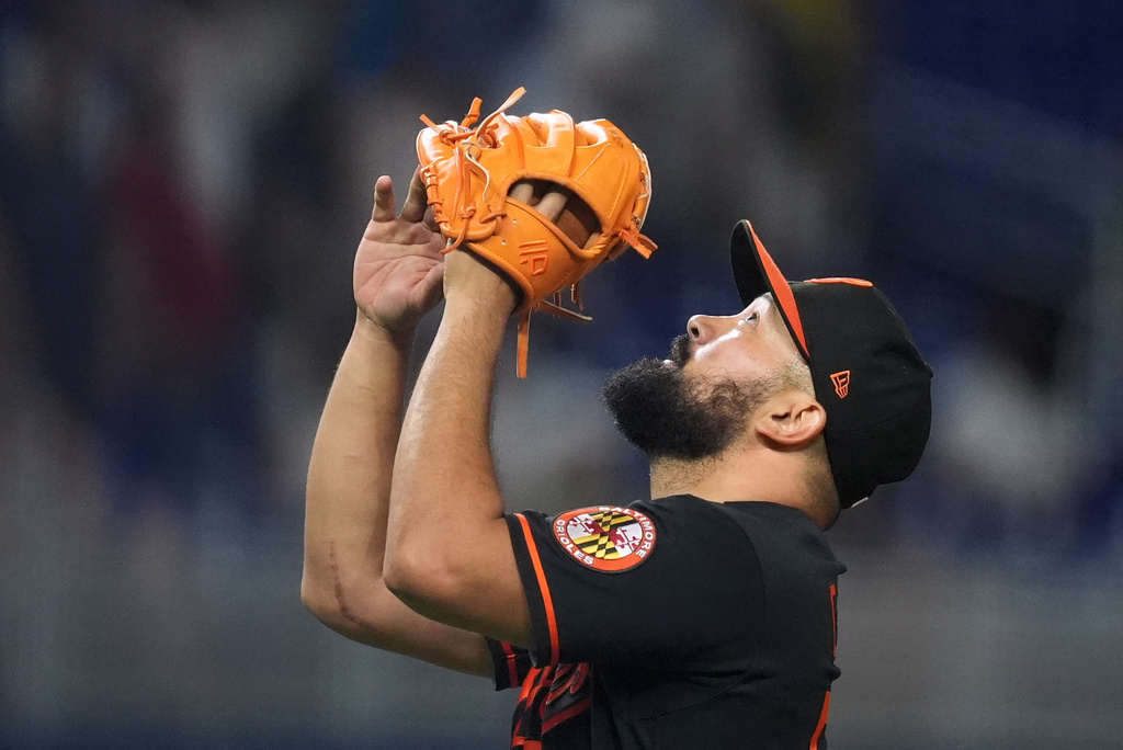 Baltimore Orioles closing pitcher Rico Garcia reacts after holding off the Miami Marlins for the win, in a baseball game, Tuesday, May 5, 2026, in Miami. (AP Photo/Rebecca Blackwell)
