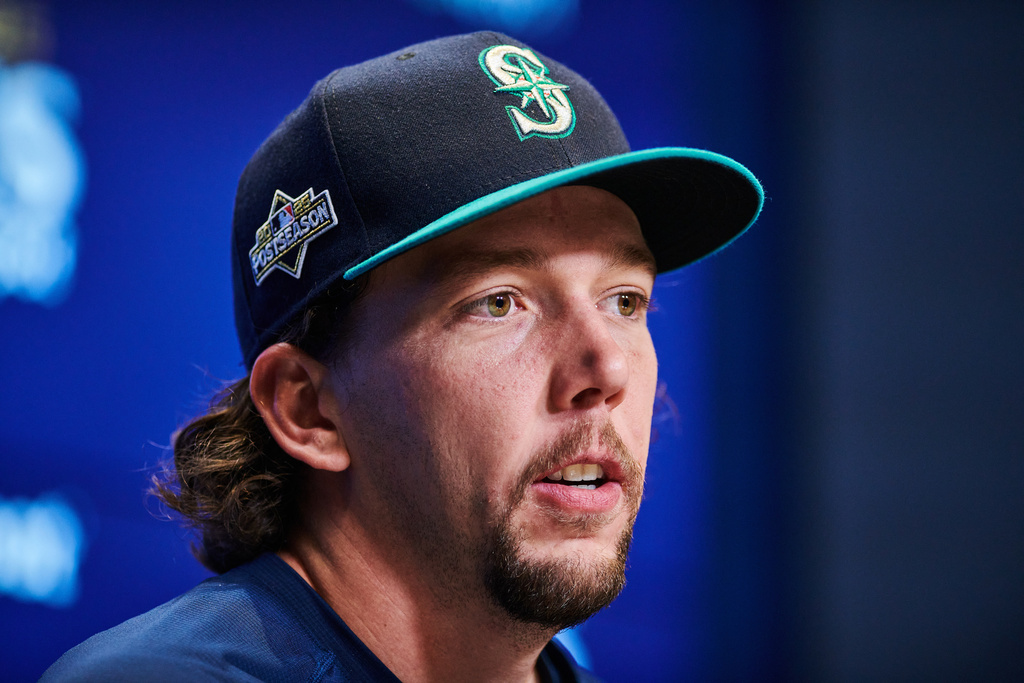 Seattle Mariners' Logan Gilbert (36) speaks to media, Saturday, Oct. 18, 2025, in Toronto, ahead of Sunday's Game 6 in baseball's American League Championship Series against the Toronto Blue Jays. (Sammy Kogan/The Canadian Press via AP)