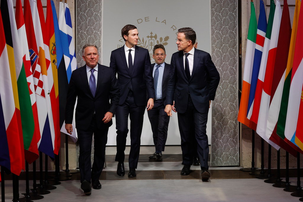 Jared Kushner, second left, US Special Envoy Steve Witkoff, left, and NATO Secretary General Mark Rutte, right, arrive for a meeting of the Coalition of the Willing at the Elysee Palace in Paris, France, Tuesday, Jan.6, 2026. (Yoan Valat, Pool photo via AP)