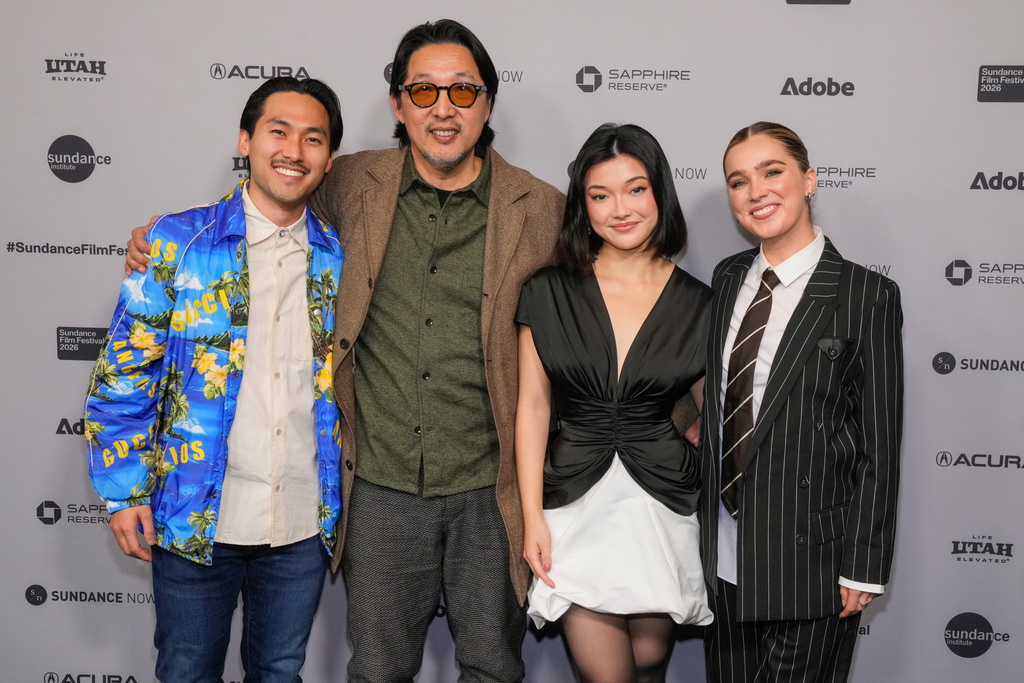 Jin Ha, from left, director Kogonada, Michelle Mao, and Haley Lu Richardson attend the premiere of "Zi" during the Sundance Film Festival on Saturday, Jan. 24, 2026, at The Ray Theatre in Park City, Utah. (Photo by Charles Sykes/Invision/AP)
