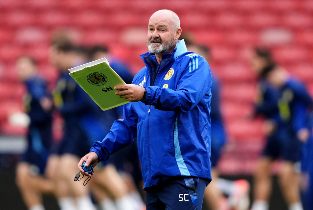 Scotland's manager Steve Clarke during a training session in Glasgow, Scotland, Wednesday, Oct. 8, 2025, ahead of the World Cup qualifying soccer match against Greece. (Andrew Milligan/PA via AP)