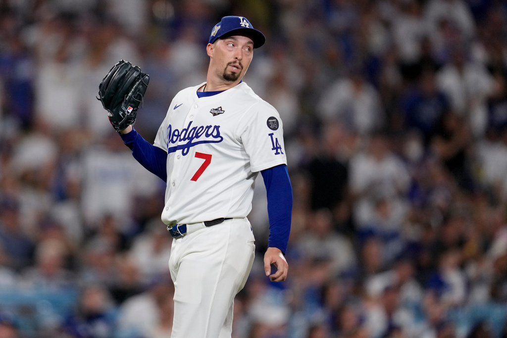 Los Angeles Dodgers' pitcher Blake Snell watches Toronto Blue Jays' Daulton Varsho line out during the sixth inning in Game 5 of baseball's World Series, Wednesday, Oct. 29, 2025, in Los Angeles. (AP Photo/Ashley Landis)