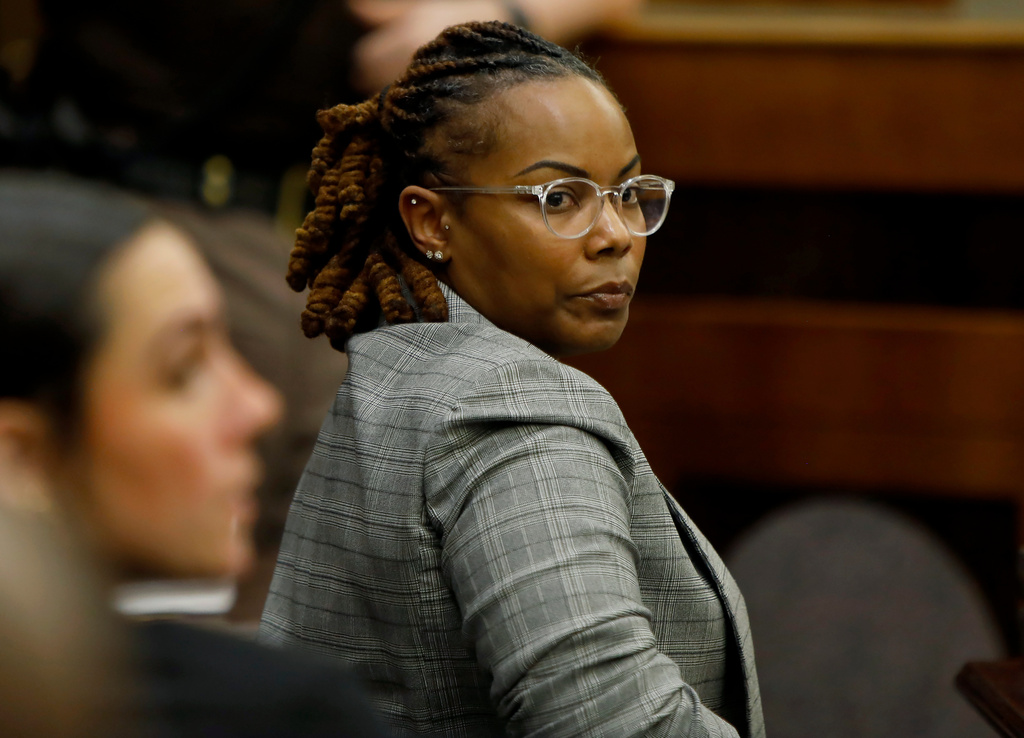 FILE - Former Richneck Elementary School assistant principal Ebony Parker looks back into the courtroom during Abby Zwerner's lawsuit against her on Oct. 28, 2025, in Newport News, Va. (Stephen M. Katz/The Virginian-Pilot via AP, Pool, File)