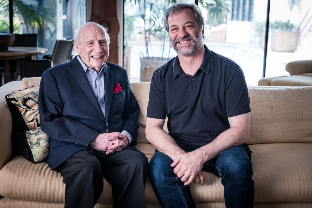 This image released by HBO Max shows Mel Brooks, left, and Judd Apatow from the film "Mel Brooks: The 99-Year-Old Man!" (HBO Max via AP)