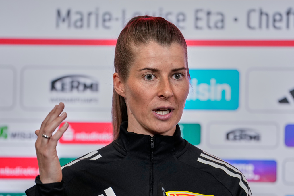New head coach of German Bundesliga soccer club 1. FC Union Berlin Marie-Louise Eta attends a press conference in Berlin, Germany, Thursday, April 16, 2026. (AP Photo/Ebrahim Noroozi)