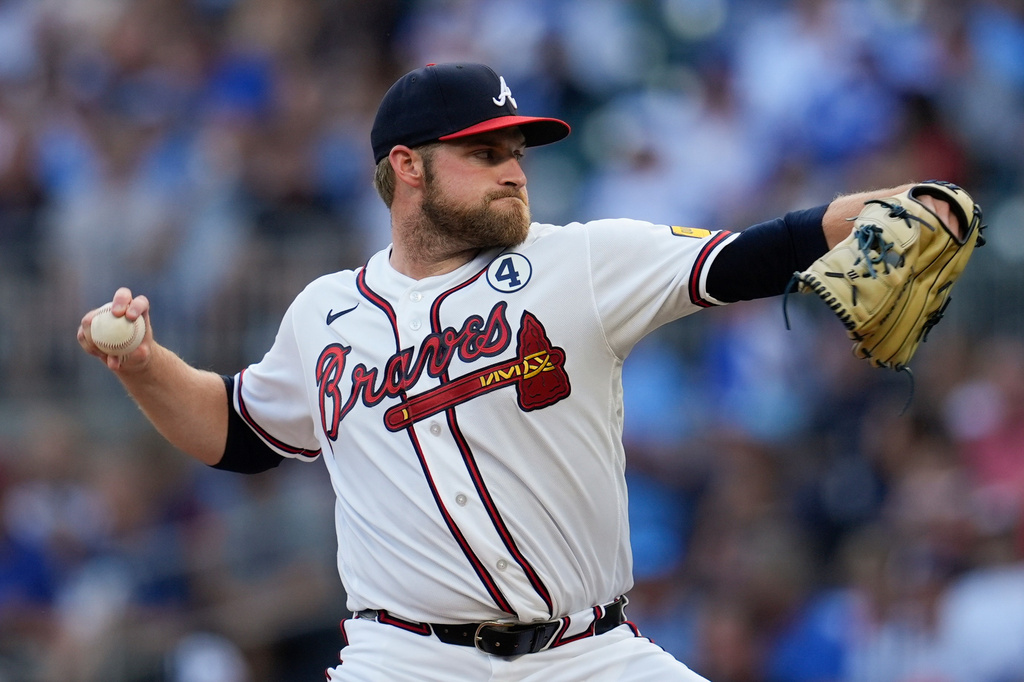 Atlanta Braves pitcher Bryce Elder (55) works against the Toronto Blue Jays in the first the inning of a baseball game, Tuesday, June 2, 2026, in Atlanta. (AP Photo/Mike Stewart)