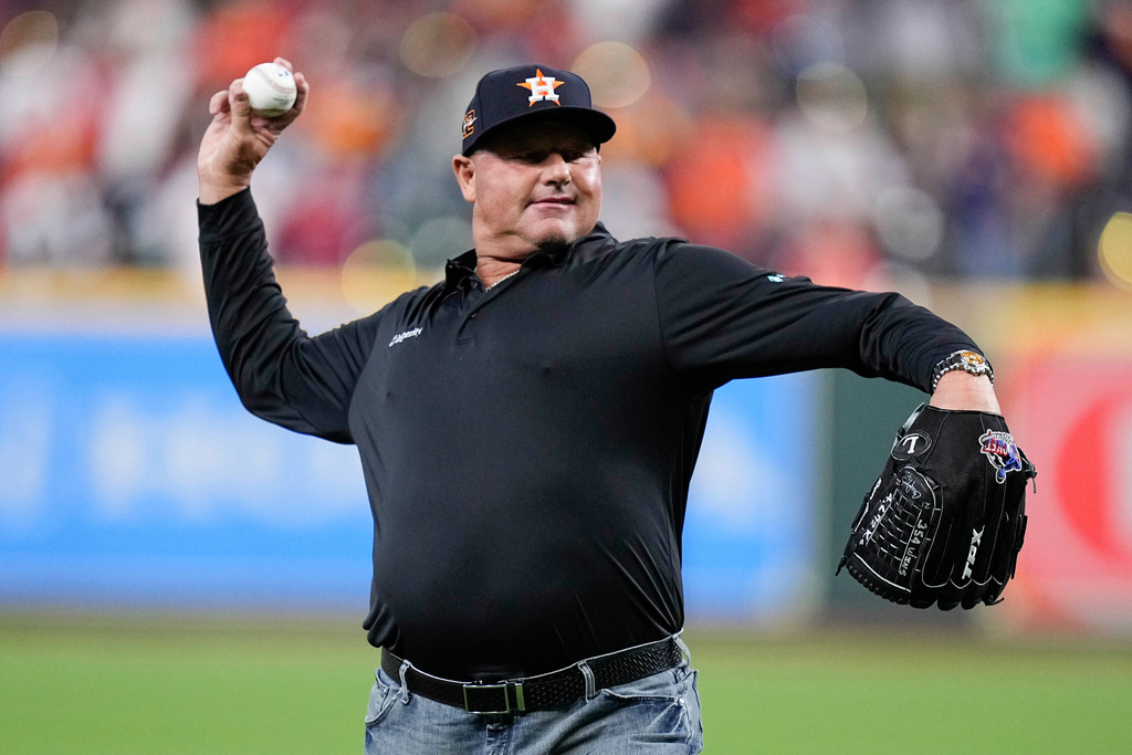 FILE - Houston Astros player Roger Clemens throws out the ceremonial pitch ahead of Game 1 of baseball's American League Championship Series between the Houston Astros and the New York Yankees, Oct. 19, 2022, in Houston. (AP Photo/Kevin M. Cox, File)