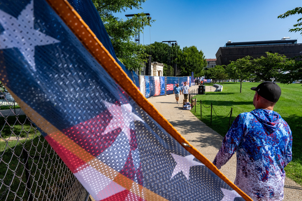 Fencing surrounds the area for the America 250 celebration near the Washington Monument on the National Mall, Thursday, July 3, 2026, in Washington. (AP Photo/Alex Brandon)