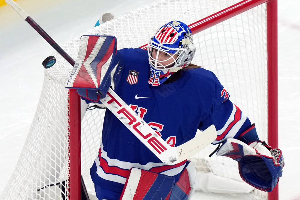 United States goalkeeper Aerin Frankel blocks a shot by Sweden during the second period of a women's ice hockey semifinal match at the 2026 Winter Olympics, in Milan, Italy, Monday, Feb. 16, 2026. (AP Photo/Carolyn Kaster)