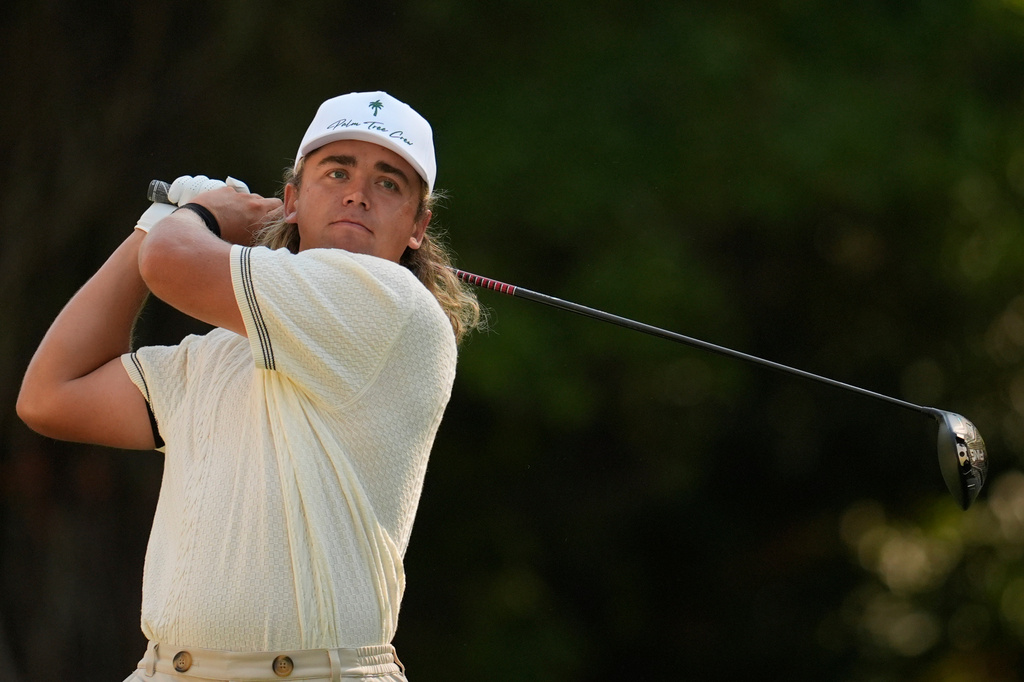 Garrick Higgo, of South Africa, hits from the 12th tee during the second round at the RBC Heritage golf tournament, Friday, April 17, 2026, in Hilton Head Island, S.C. (AP Photo/Mike Stewart)