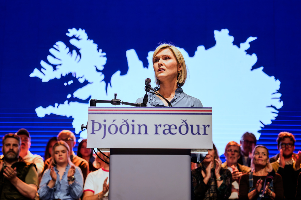 Icelandic Prime Minister Kristrun Frostadottir speaks at a public event about a referendum on whether to resume accession negotiations with the European Union in Reykjavik, Iceland, Wednesday, Aug. 26, 2026. (AP Photo/Marco Di Marco)