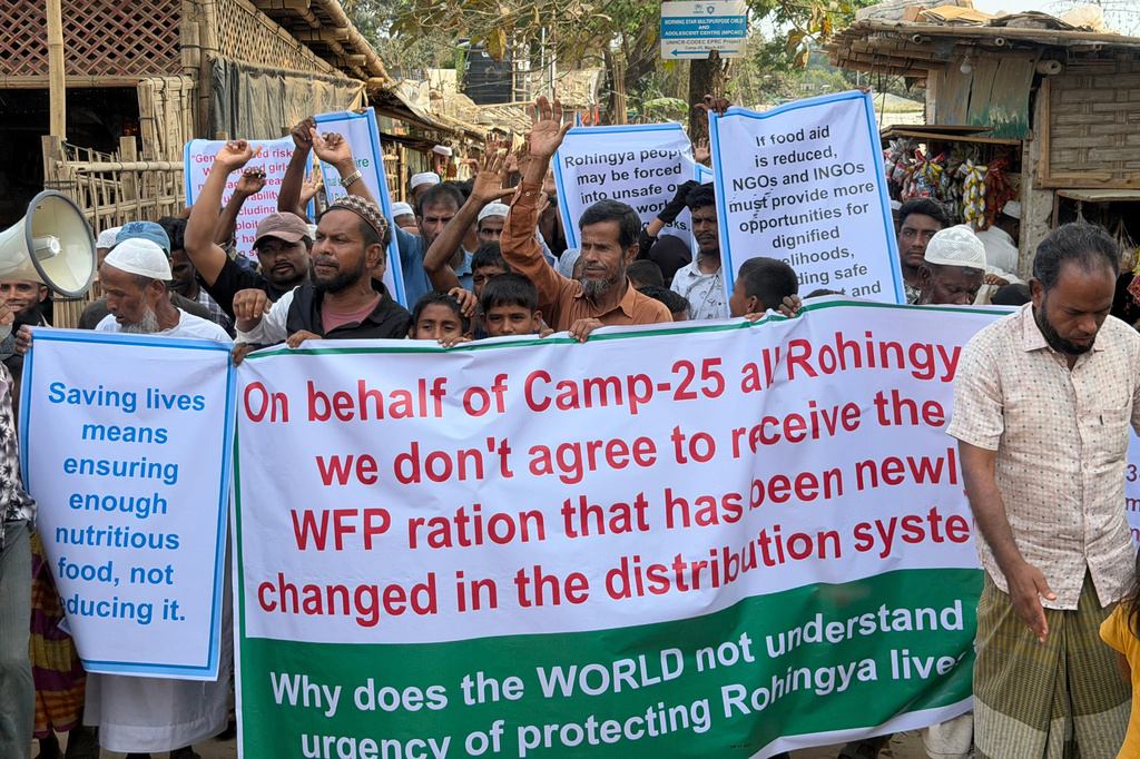 Rohingya refugees struggling to survive in Bangladesh’s overcrowded camps, protest after their food assistance was slashed, in Cox's Bazar, Bangladesh, Wednesday, April 1, 2026. (AP Photo)