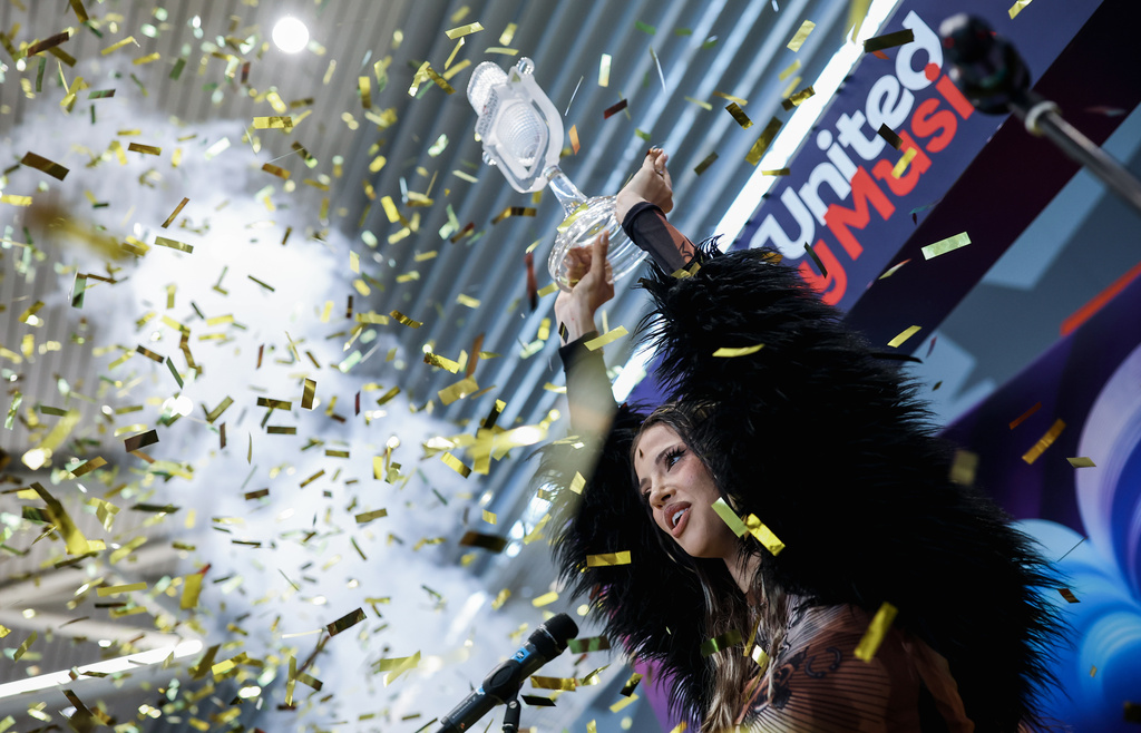 Eurovision 20026 winner Dara reacts upon her return home in Sofia on Sunday, May 17, 2026, giving the southeast European country its first-ever victory in the competition. (AP Photo)