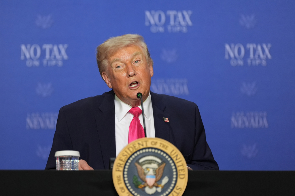 President Donald Trump speaks at a roundtable event about no tax on tips, Thursday, April 16, 2026, in Las Vegas. (AP Photo/Alex Brandon)