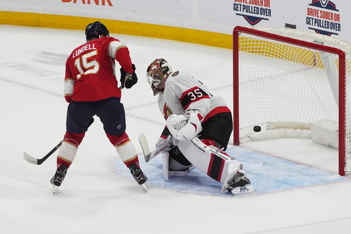Florida Panthers center Anton Lundell (15) scores a goal against Ottawa Senators goaltender Linus Ullmark (35) during the second period of an NHL hockey game, Saturday, Oct. 11, 2025, in Sunrise, Fla. (AP Photo/Marta Lavandier) Florida Panthers center Anton Lundell (15) scores a goal against Ottawa Senators goaltender Linus Ullmark (35) during the second period of an NHL hockey game, Saturday, Oct. 11, 2025, in Sunrise, Fla. (AP Photo/Marta Lavandier)