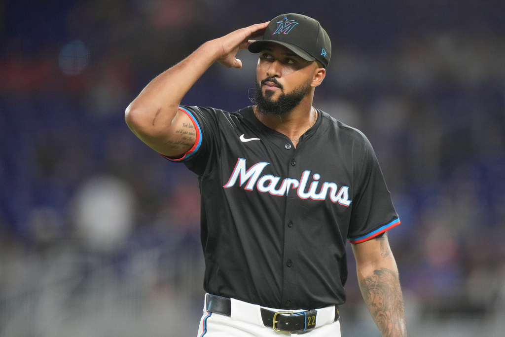 Miami Marlins starting pitcher Sandy Alcantara walks from the mound during the first inning of a baseball game against the New York Mets, Friday, Sept. 26, 2025, in Miami. (AP Photo/Lynne Sladky)