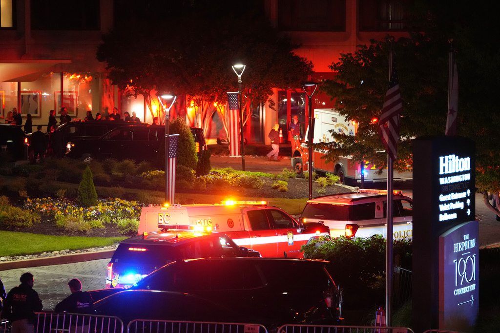 Law enforcement respond to an incident at the Washington Hilton during the White House Correspondents Dinner, Saturday, April 25, 2026, in Washington. (AP Photo/Allison Robbert)
