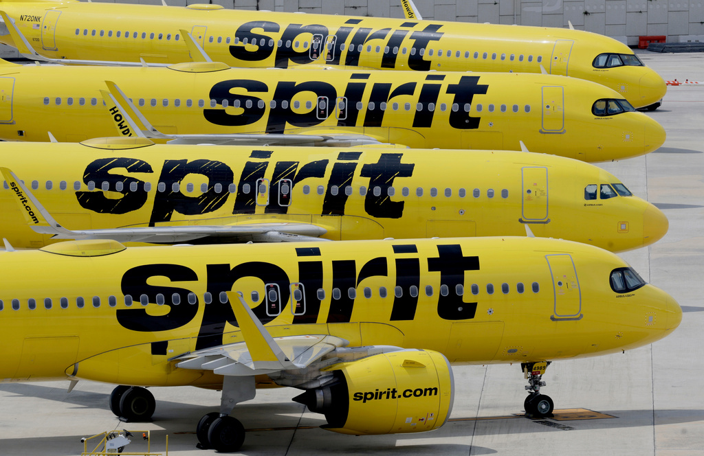 Spirit Airlines planes are grounded at Fort Lauderdale-Hollywood International Airport after flights were cancelled on Saturday, May 2, 2026. (Mike Stocker/South Florida Sun-Sentinel via AP)