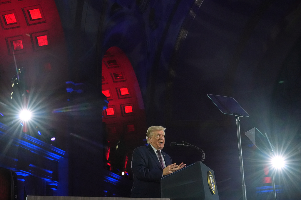President Donald Trump speaks at the National Republican Congressional Committee's (NRCC) annual fundraising dinner, Wednesday, March 25, 2026, at Union Station in Washington. (AP Photo/Julia Demaree Nikhinson)
